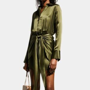 NWOT L'AGENCE Woman Green Atlas Long Sleeve Faux Wrap Silk Shirtdress XS $525